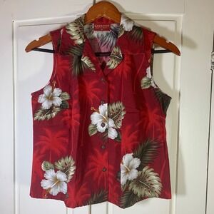 LAVAHUT Hawaiian Sleeveless Button Up Shirt Red Tropical Palm Hibiscus Women's S